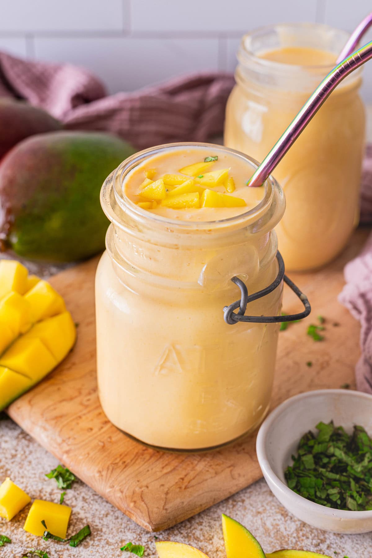 image of dense mango lassi in a jar